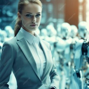 Profissional cercado por agentes de IA representando automacao autonoma no marketing