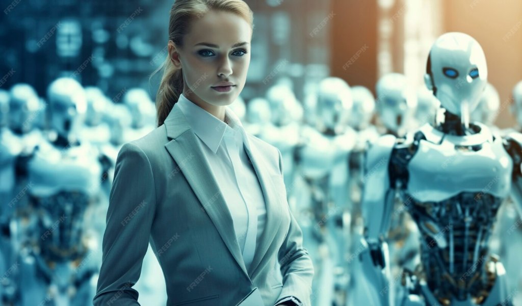 Profissional cercado por agentes de IA representando automacao autonoma no marketing