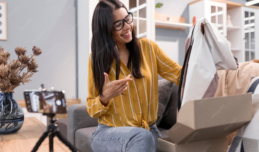 Criadora de conteudo gravando video de social commerce com smartphone