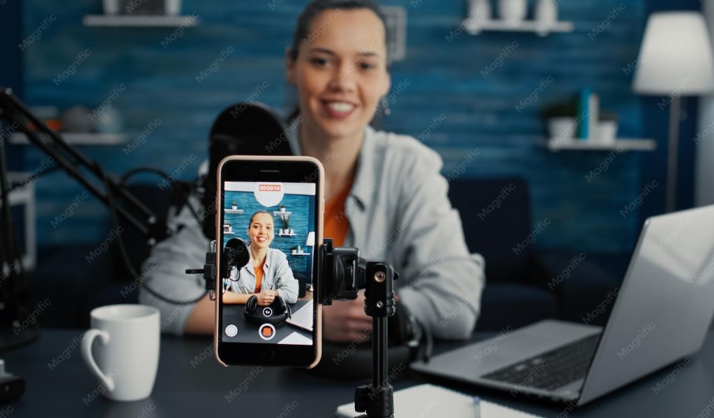Criadora de conteúdo gravando vídeo em home studio com smartphone