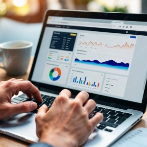 Dashboard de analytics e marketing mix modeling em tela de notebook