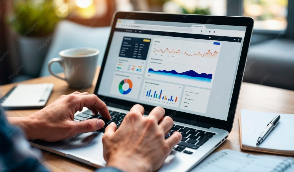 Dashboard de analytics e marketing mix modeling em tela de notebook