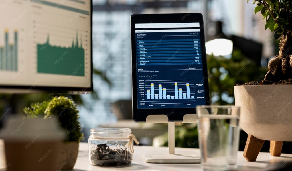 Workspace mostrando dashboard com analytics e infográficos de marketing