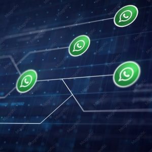 Ícone do WhatsApp conectado em circuito digital simbolizando marketing conversacional