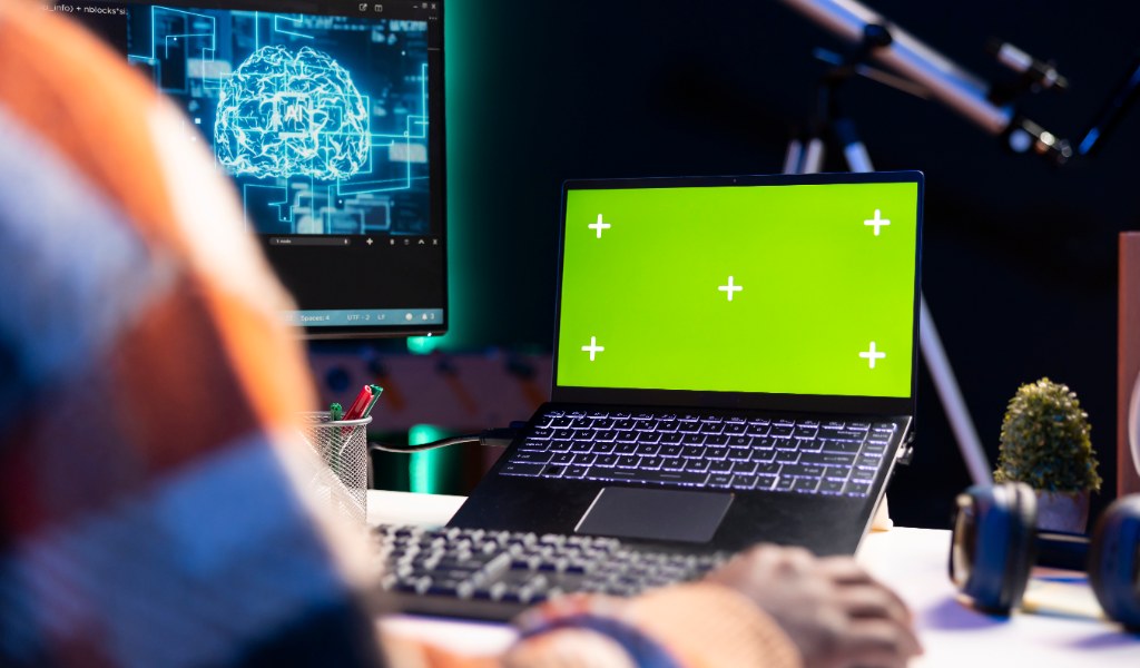 Profissional usando inteligência artificial em um computador para criar conteúdo