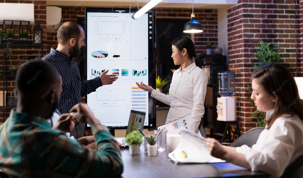 Equipe de marketing analisando estratégias em uma tela digital durante reunião de planejamento